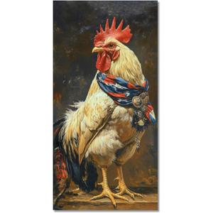 High Glossy Roosters Canvas Wall Art 32"x16" Painting Print, Chicken Artwork Wall Decor Picture, Farm Animal Portrait for Living Dining Room Kitchen Lobby Home Ranch House Farmhouse Decoration, Rooster, 32"L x 16"W