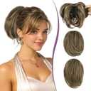 RUWISS Claw Clip Short Human Hair Ponytail Extension with Bendable Metals for DIY Styles Straight Messy Bun Hair Piece for Women Hairpieces for Daily Wear, 9 Inch Dark Brown with Blonde Highlight