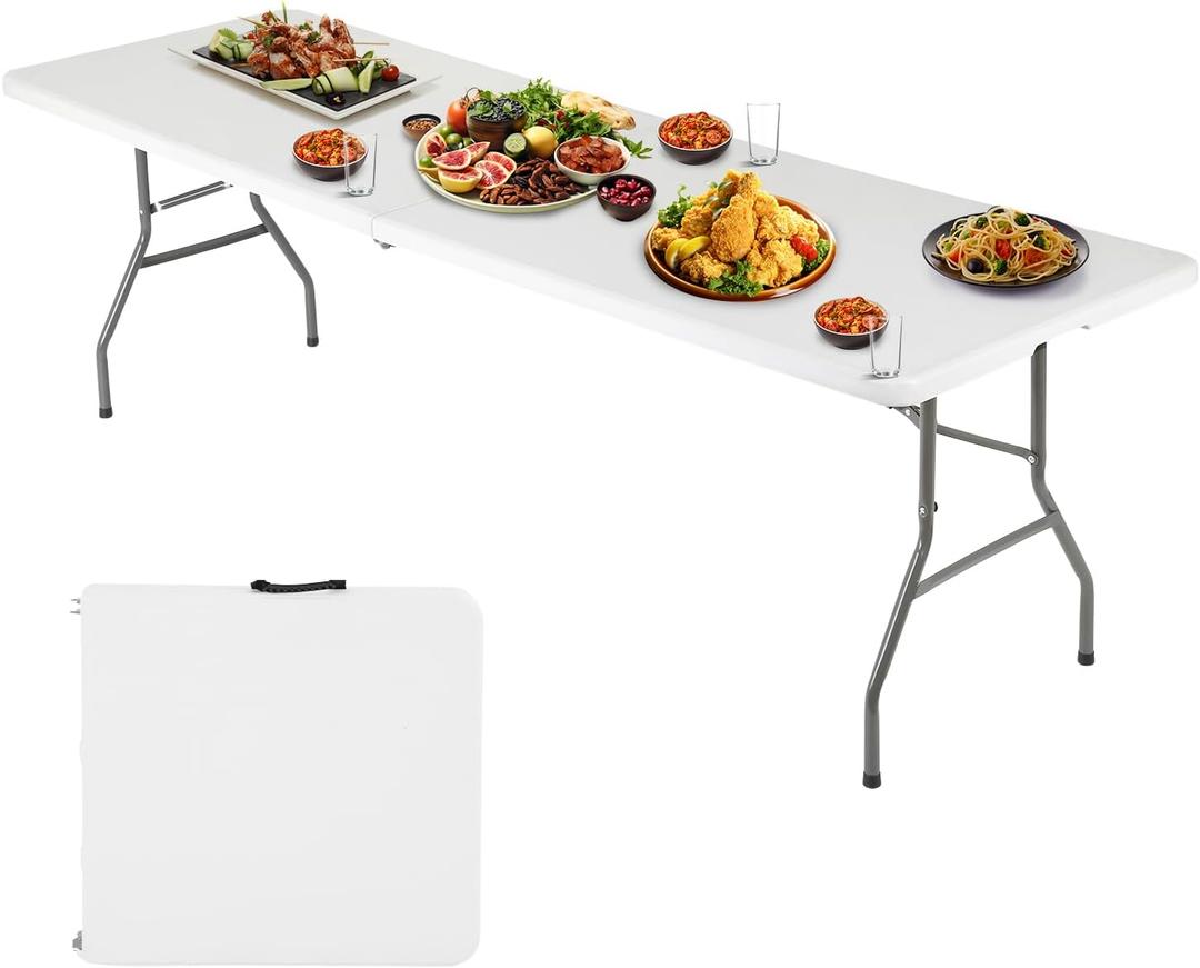 FDW 6FT Folding Table, Portable Fold-in-Half Plastic Picnic Party Table with Carrying Handle (White, 6 Ft 70"x29"