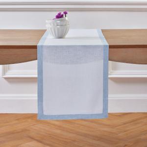 Solino Home Linen Table Runner 36 Inches - 100% Pure Linen Chambray Blue and White Small Table Runner 14 x 36 Inch Ideal for Dresser and Coffee Tables - Summer - Classic