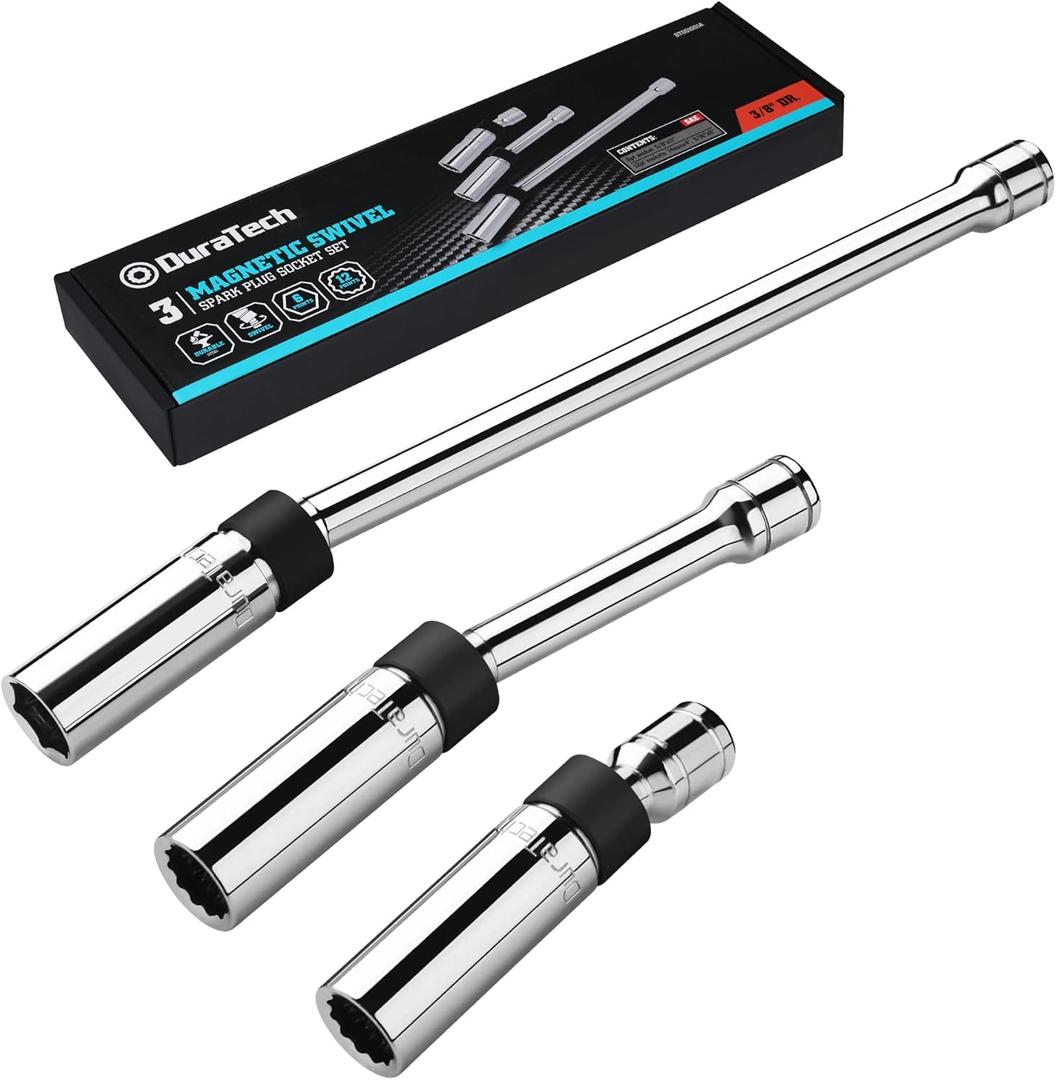 DURATECH 3PCS Swivel Magnetic Spark Plug Socket Set, 3/8" Drive Thin Wall Spark Plugs Socket Includes 5/8" x 11" 6-Point, 9/16" x 6" and 14mm x 4" 12-Point, Enhanced Magnetic Head, Cr-V Steel Made