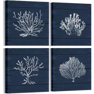 HOMEOART Coral Canvas Wall Art Prints Ocean Navy Blue Coastal Artwork Beach Home Decor Picture Framed Ready to Hang 12"x12"x4 Pieces