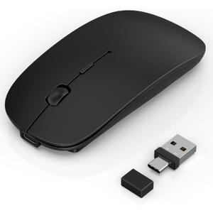 Gizdot Wireless Mouse for Laptop/ MacBook Air/ Pro & iPad, Mouse Jiggler Mode Bluetooth 5.2/ 2.4G Rechargeable Silent Click 3-Level DPI Slim Portable USB-A&C Receiver (Mouse Jiggler Mode, Black)