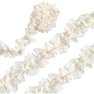 2 Inch Beige Cotton Pleated Ribbon Elastic Ruffle Lace Trim Floral Embroidered Gathered Wave Edge Mesh Vintage Soft Stretchy Ribbons for Sewing Making Costume Decoration Wedding DIY Craft