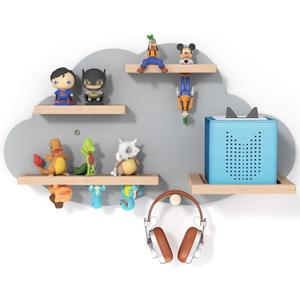 Grey Cloud Tonies Shelf Wall Mounted, Magnetic Floating Shelves with Hook for Toniebox, Tonies Characters & Earphones, Wooden Tonie Storage Shelf for Children Room