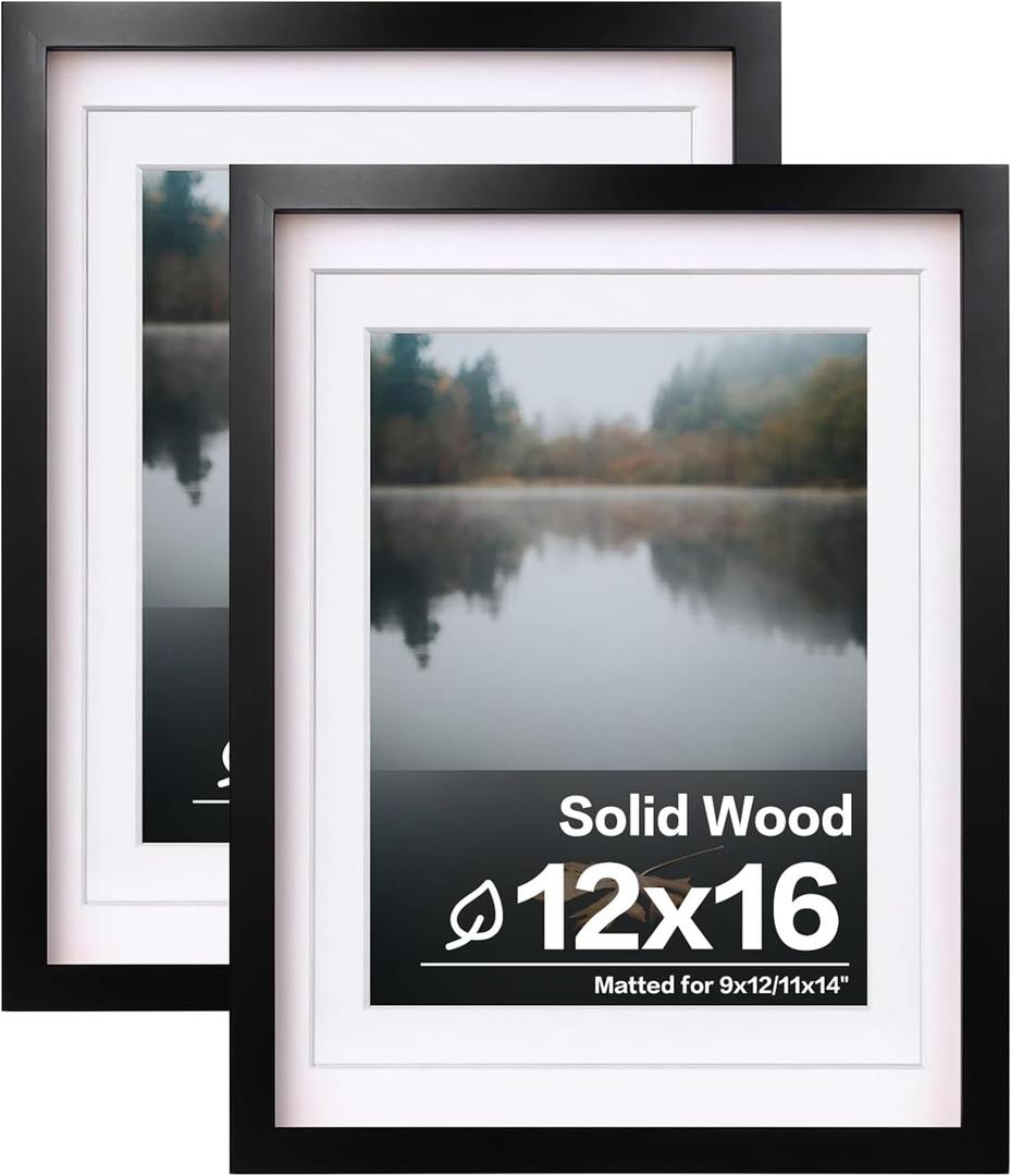 Egofine 12x16 Picture Frames Black Set of 2, Solid Wood Frames Covered by plexiglass, Display photos 9x12/11x14 with Mat or 12x16 without mat, for Wall Mounting