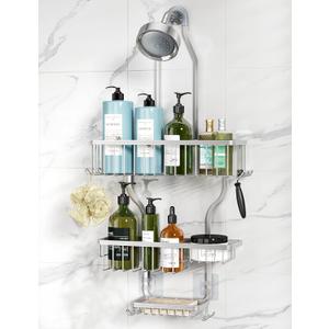 YASONIC Never-Rust Aluminum Hanging Shower Caddy Over-the-Showerhead Organizer with 10 Hooks for Razor and Sponge Includes Soap Basket Silver