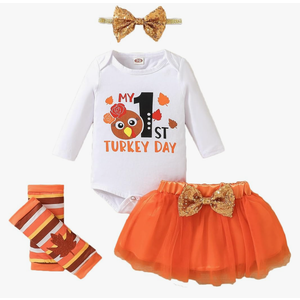 Baby Girl Thanksgiving Outfit Bodysuit+Tutu Skirt+Leg Warmer+Bunny Headband Set Newborn 90