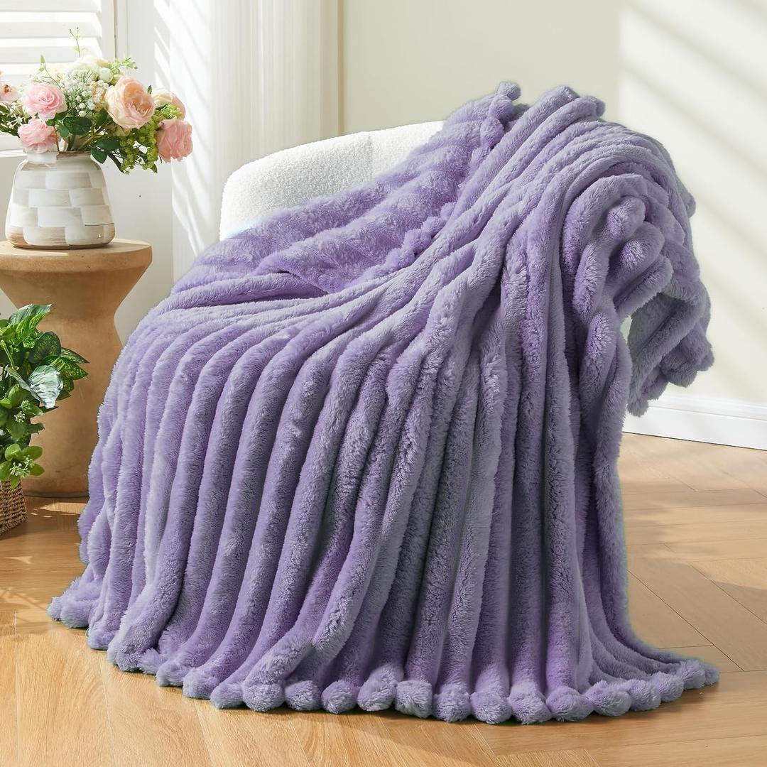 NEWCOSPLAY Super Soft Throw Blanket Lavender Premium Silky Flannel Fleece 3D Ribbed Jacquard Lightweight Bed Blanket All Season Use (Lavender Ribbed, Throw(50"x60")) (Throw(50"x60"), Lavender Ribbed)