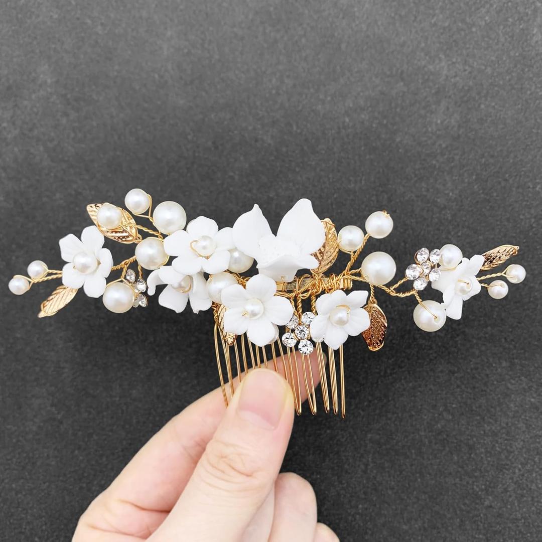 BETITETO Bridal Ceramic Flower Hair Accessories White Flower Ivory Pearl Rhinestone Gold Leaf Hair Piece with Comb for Women Wedding Prom