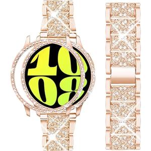 Mosonio Compatible with Samsung Galaxy Watch 8/7/6 Bands 40mm/44mm, 20mm Bling Metal Bands with Bling Protective Cover Case for Women, Shiny Watch Replacement Strap for Daily Wear (Rose Gold)