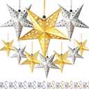 Zhanmai 10 Pcs Large 3D Paper Star Lantern with 10 LED Lights 11.8 Inch 5 Point Hollow Hanging Paper Star Lampshade Decoration Light Lanterns for Wedding Birthday New Year Party Home Decor (Gold, Silver)