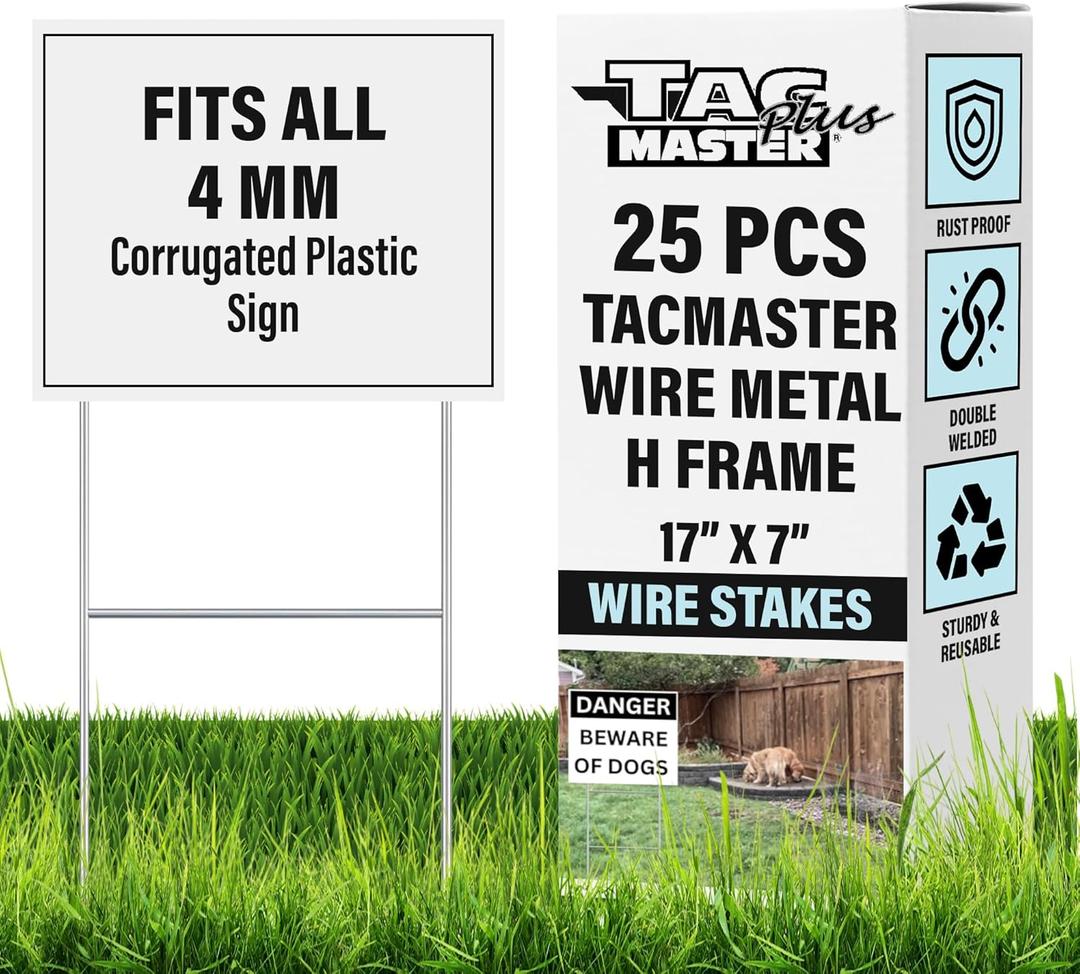 Tacmaster Wire Metal Yard and Sign H Stakes  Durable Blank Lawn Sign Posts for 4mm Corrugated Panels, Real Estate Signs, Waterproof and Wind Resistant, Ideal for Outdoor Use, 17"x7"  25 Pack