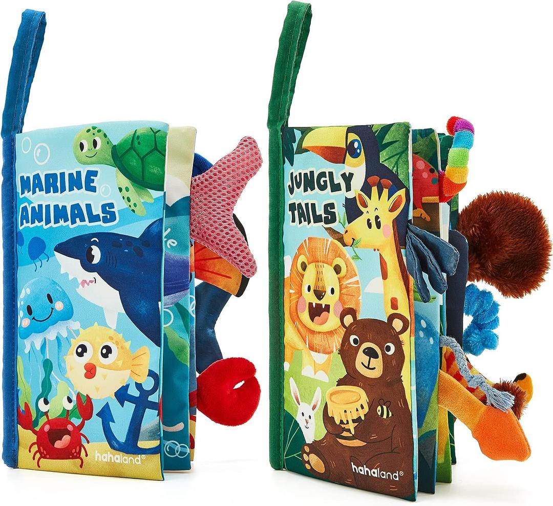 hahaland Baby Toys 0-6 Months - Crinkle Books for Babies 2PCS, Cloth Texture Tails Sensory Book 6-12 Months, Soft Tummy Time Toys 3 4 5 Month Newborn Infant Boys Gifts Christmas Baby Stocking Stuffers