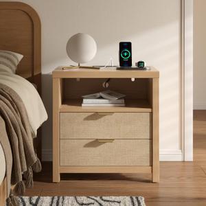 Furnulem Nightstand with Charging Station, Accent Night Stand with 2 Drawers and Storage Shelf, Slide Drawer Bedside Table for Bedroom, Natural Oak Thick Wood and Sturdy