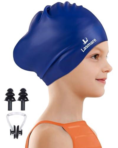 Kids Long Hair Swim Cap for Girls Boys, 2 Size Silicone Swimming Cap for Age 3-15 Toddler Children Teens, Waterproof Swim Hats Bathing Caps with Ear Plugs & Nose Clip to Keep Hair Dry(Age 3-8/Navy)