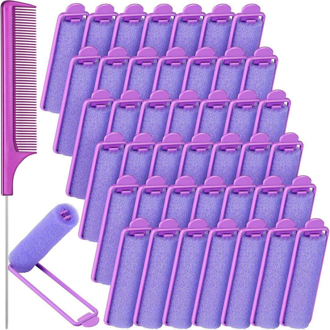 Syhood 43 Pcs Foam Sponge Hair Rollers Women 0.59 Inch Soft Sleeping Curlers Flexible Sponge Curler Tool and Rat Tail Comb for Hair Styling Hairdressing Overnight Curl and Volume(Purple)