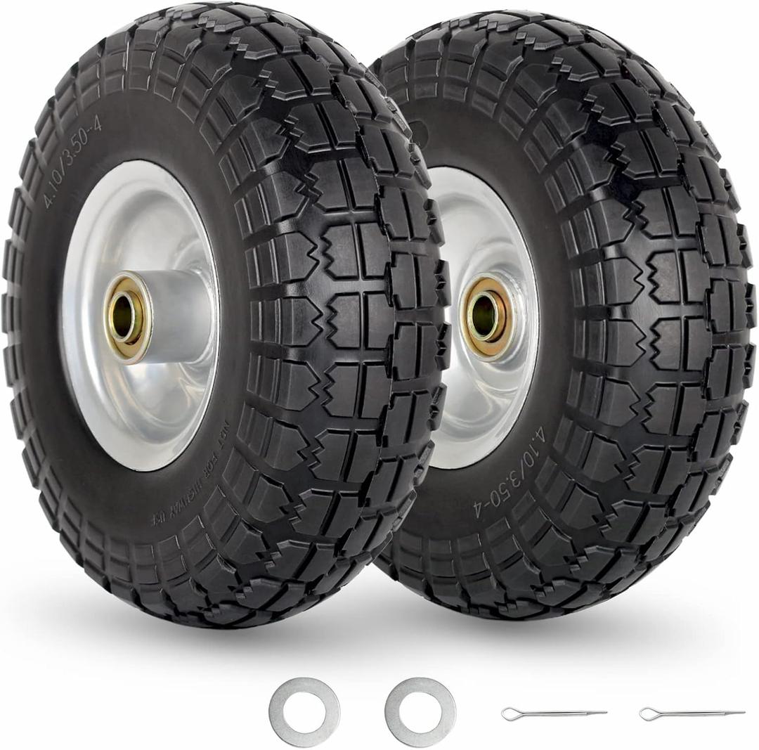 4.10/3.50-4" Flat Free Tire and Wheel, 10" Heavy Duty Solid Tire, 5/8" Axle Bore Hole, 2.2" Offset Hub, for Hand Truck Garden Cart Wagon Trolley Dolly Replacement, 2 Pack
