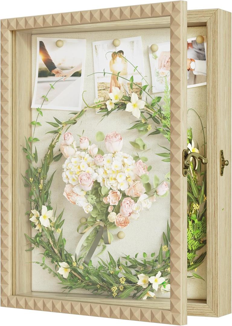 Shadow Box Frame 11x14 Large Shadow Boxes Display Cases with Diamond Shape Door Vintage Lock, SZQINJI Shadow Box for Photos Medals Pet Memorial Graduation Baby Wedding Flower Natural