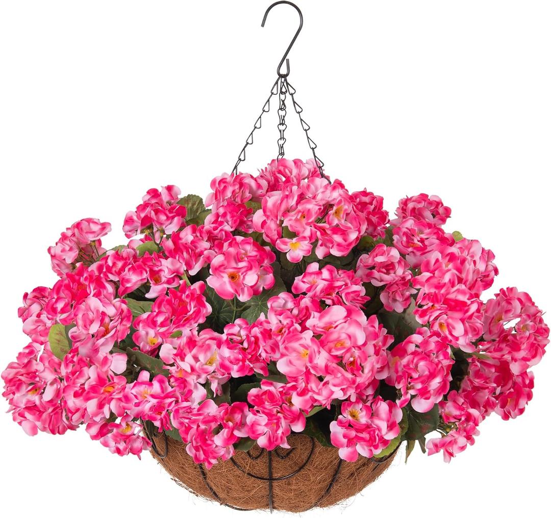 INSPRING Geraniums Artificial Flowers Hanging Basket for Outdoors Outside Spring Decoration, 8 Bundles Silk Flowers Fake Plants Look Real UV Resistant for Porch Home Patio Balcony Yard, Pink