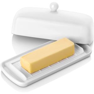 Nucookery Porcelain Butter Dish - Clean Table Design - Ceramic Butter Dishes with Lid for Countertop with Raised Non-Slip Strip - Holds 1 Standard Butter Stick - Easy to Clean & Dishwasher Safe. White