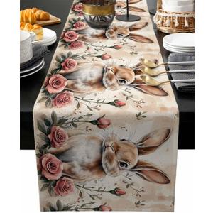 Spring Bunny Table Runner 90 Inches Long - Vintage Easter Rabbits Pink Rose Flower Kitchen Dining Burlap Linen Tablerunner for Small/Round/Square/Wedding/Coffee/Dining Table Party Home Dcor (Light Brown Rose Red Reddish Brown Khaki)