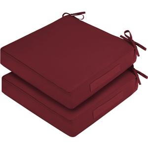 Waterproof Outdoor Chair Cushions Set of 2, Square Outdoor Seat Cushions with Ties and Removable Covers, 19 x 19 Outdoor Cushions for Patio Furniture with Portable Handle(Burgundy)