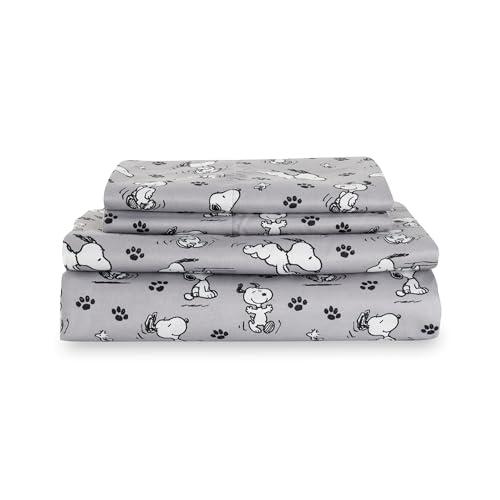 Berkshire Blanket Peanuts® Kids Sheet Set Queen Size - 4 Pieces,Cute Character Snoopy Printed Soft Microfiber Bed Sheets,Peanuts Poses and Paws Grey