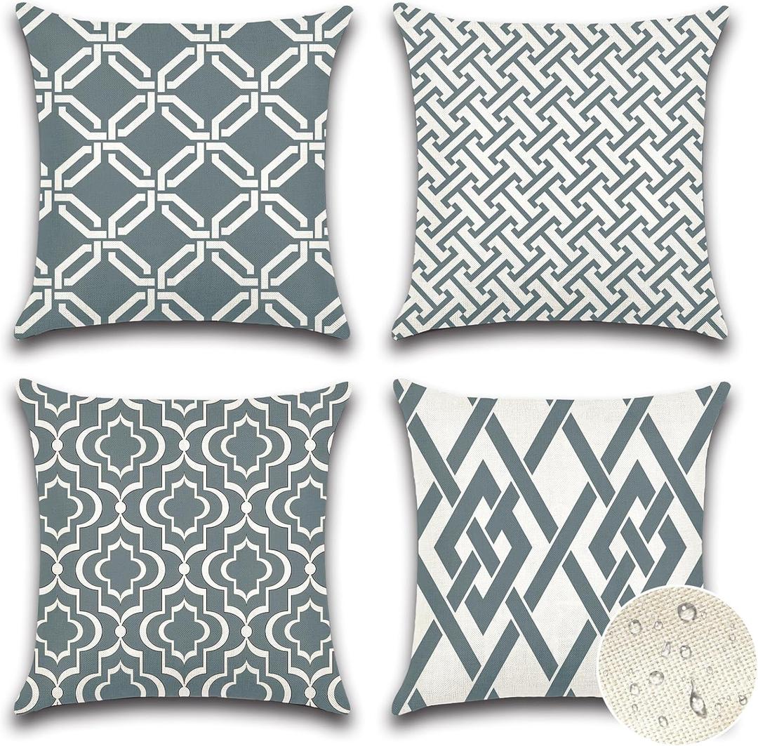 OTOSTAR Set of 4 Waterproof Throw Pillow Covers 16x16 Inch Farmhouse Geometric Square Pillow Cases for Couch Patio Furniture Balcony Garden Outdoor DecorationGeometry40-Grey