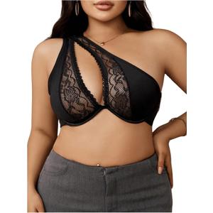 SOLY HUX Bras for Women Plus Size Contrast Lace Bra One Shoulder Cut Out Underwire Bralettes (Pure Black)