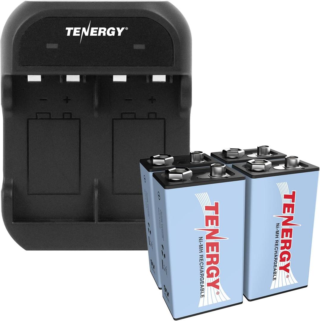 Tenergy 9V Battery Rechargeable 250mAh 4 Pack NiMH Square Battery with 2 Bay 9V Battery Charger for Smoke Alarm/Detector