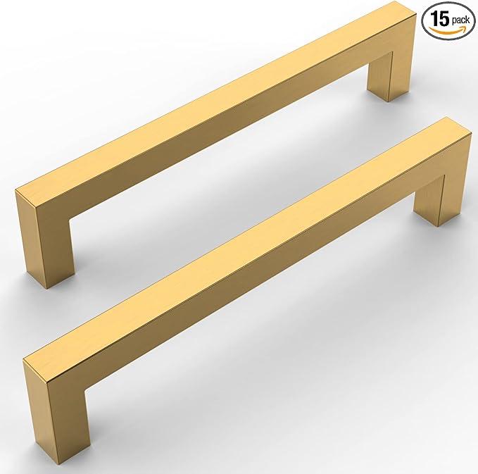 Amerdeco 15 Pack Gold Kitchen Cabinet Handles 7 Inch(178mm) Hole Centers, Stainless Steel Handles for Kitchen Cabinet Hardware, Brushed Brass Cabinet Pulls for Bathroom Cupboard Dresser Drawer Handles