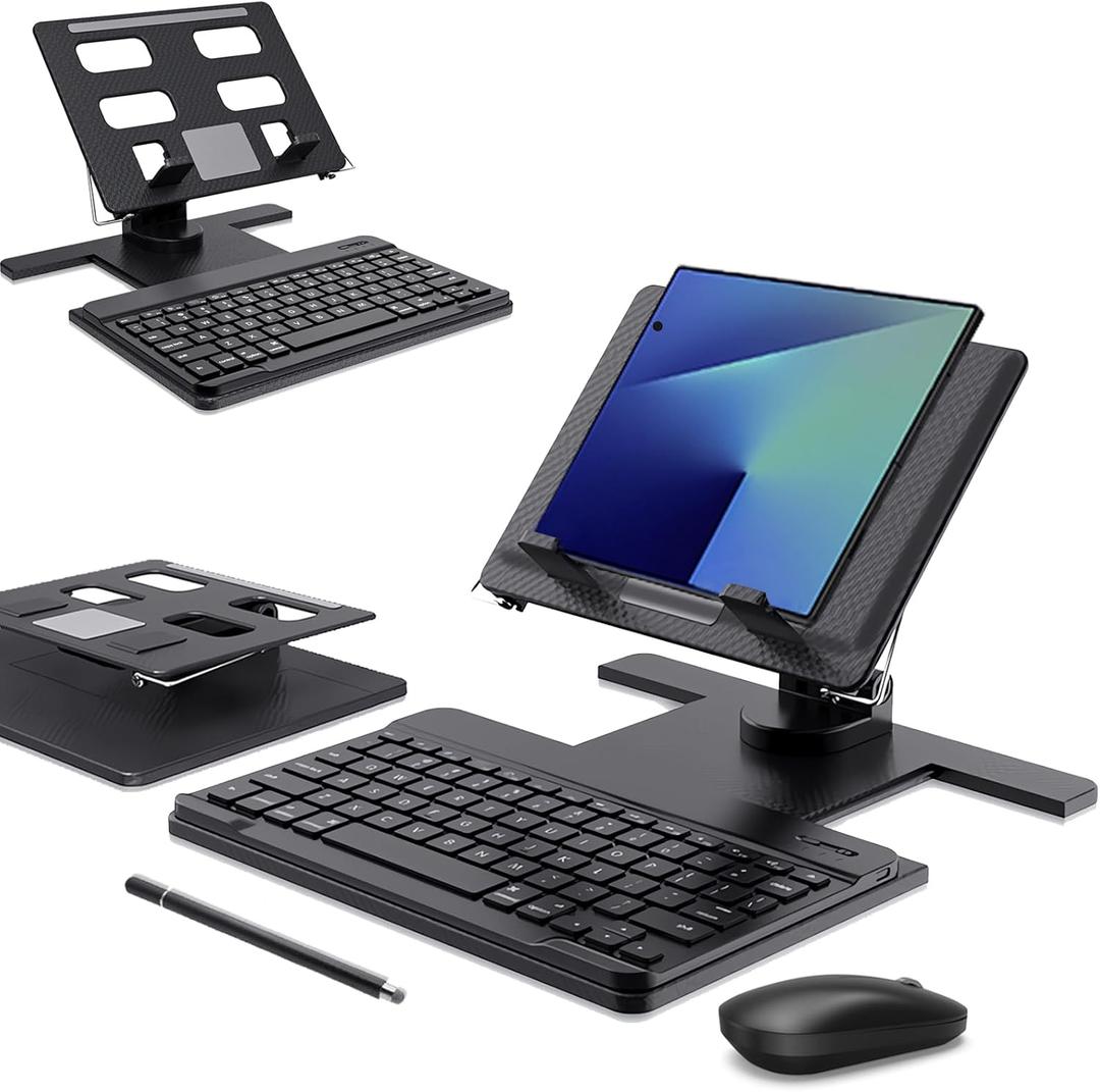 Desk Stand and Bluetooth Keyboard Combo for Samsung Galaxy Z Fold 7/6/5, 4 in 1 Set Include Mouse Pen, Adjustable Foldable Tablet Stand Holder Fits for Z Trifold, 4.7"-13" Smartphones Tablet (Black)