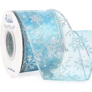 Ribbli Snowflake Glitter Wired Ribbon, Ice Blue Organza Sheer with Silver Glitter Snowflake Pattern and Silver Metallic Edge,2-1/2 Inch x 10Yards Christmas Ribbon for Tree Decoration