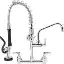 21" Height Commercial Faucet with Sprayer, 8" Adjustable Center & 8" Add-on Swing Spout, Wall Mount Pre Rinse Commercial Sink Faucet for Commercial Restaurant Industrial Kitchen