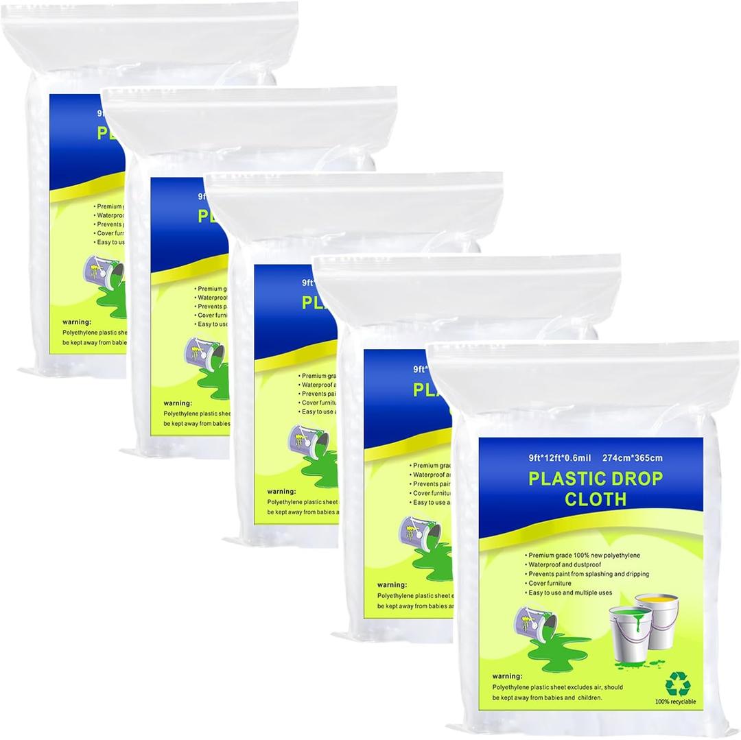 5 Pieces Plastic Drop Sheets for Painting, Waterproof and Dust-Proof Clear Cloth for Furniture Cover, 9x12 Feet Tarps