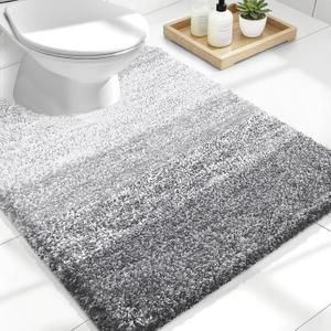 OLANLY Luxury Toilet Rugs U-Shaped 24x20, Extra Soft and Absorbent Microfiber Bathroom Rugs, Non-Slip Plush Shaggy Bath Mat, Machine Wash Dry, Contour Bathroom Mats for Toilet Base, Light Grey