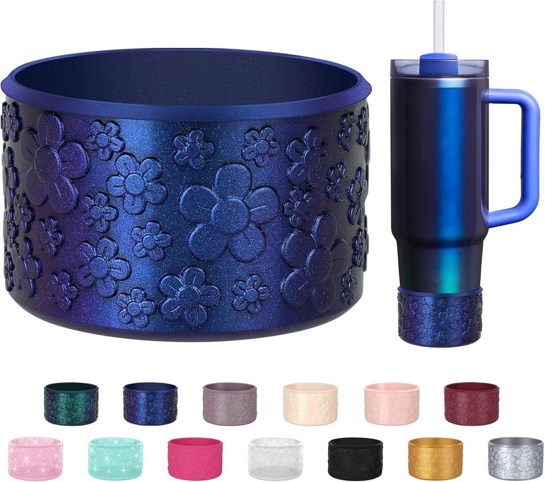 Flower Gradient Silicone Boot, Compatible with Stanley Quencher Adventure 40oz 30oz & IceFlow 20oz 30oz Tumbler, Protective Chameleon Cup Sleeve, Bottom Cover for Hydroflask 12oz-24oz (Navy Blue)