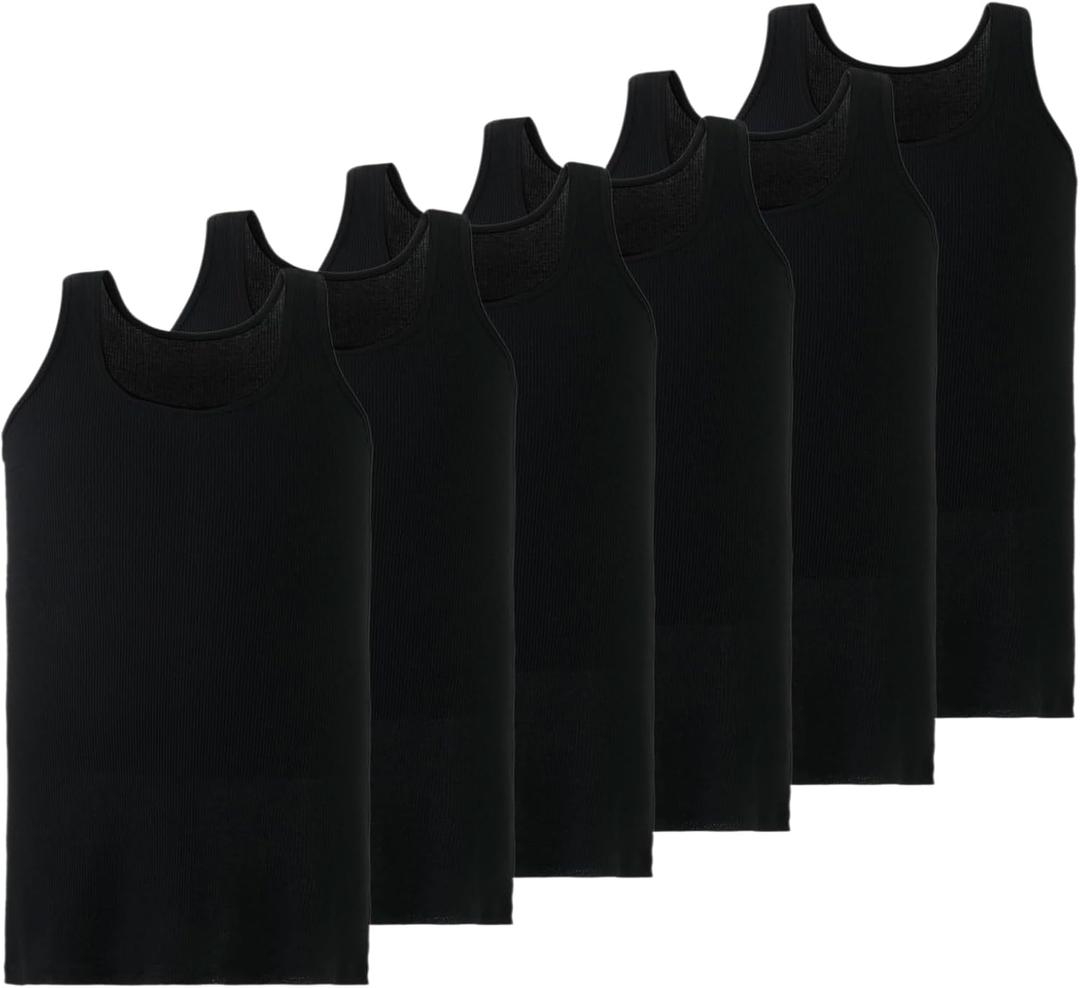 Mody Men's Undershirt Ribbed Tank Top, Crew Neck Cotton Mens Tank Tops, White Cotton Undershirt, Tagless Muscle Shirt 6 Pack (Black)