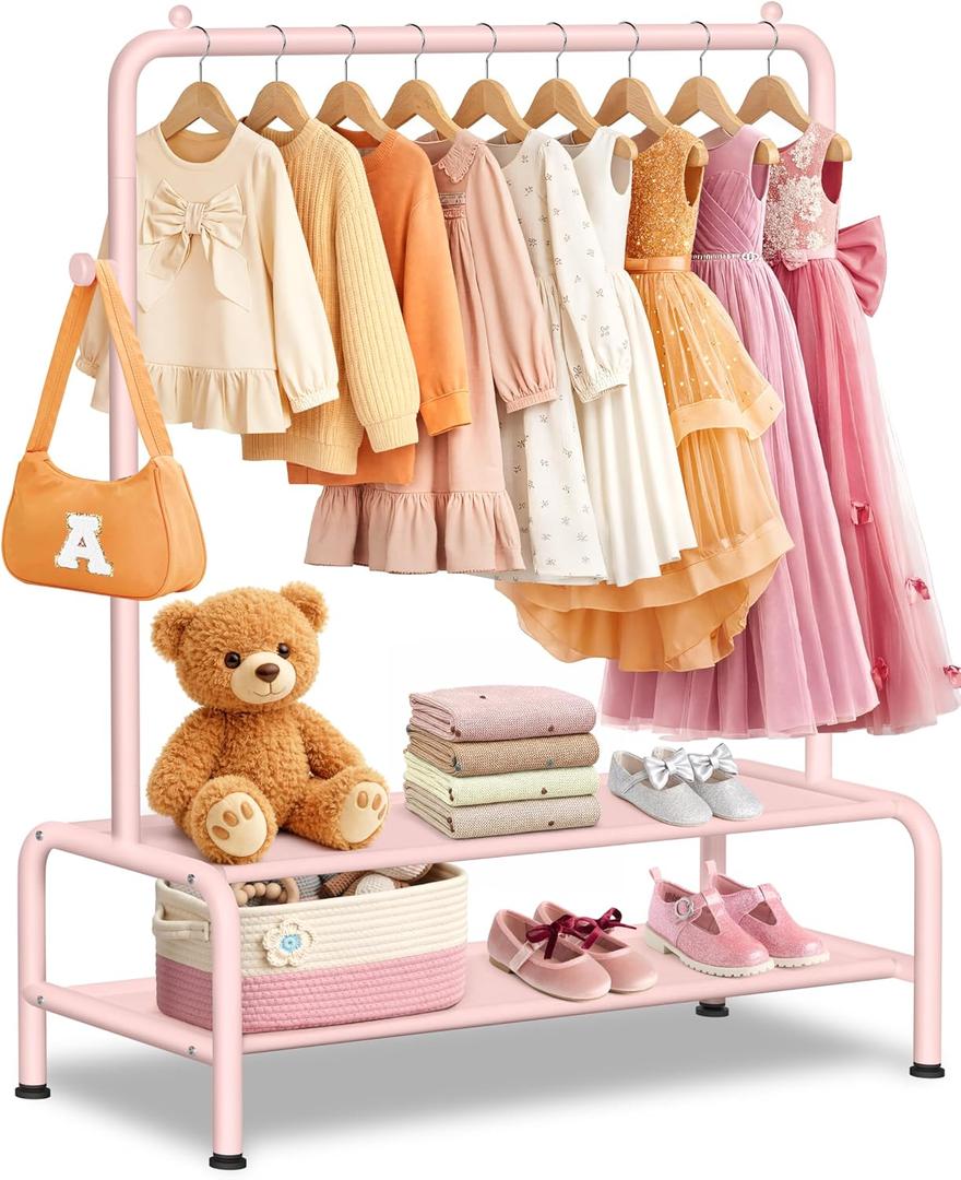 mirolam Kids Clothing Rack - Dress Up Storage - Dress Up Rack for Little Girls - Small Kids Costume Wardrobe with 2 Fabric Shelves - Princess Room Bedroom Decor