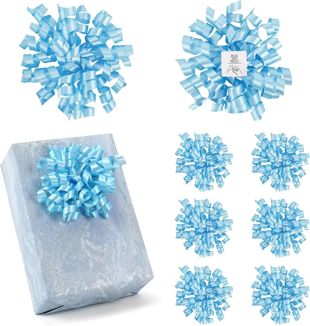 5 Inch Blue Gift Bow Curly Ribbon Bows Set of 8, Double Faced Satin Ribbon Bow Premade Self Adhesive Bow Decorations for Party, Wedding, Holiday, Gift Bows for Crafts, Wine Bottle, Presents