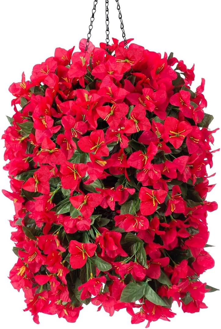 INSPRING Artificial Bougainvillea Faux Flowers Plants Baskets for Outdoor Outside Decoration, 3PCS Fake Silk Flowers Long Trailing Vines UV Resistant Realistic for Front Door Porch Patio (Red)