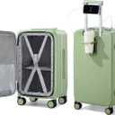 Hanke 20 Inch Carry On Luggage with Cup Holder and Charge,Top Opening Hard Shell Suitcases with Wheels and Dividers,Aluminum Frame Trunk Luggage Small Suitcase with Lock for Travel,Bamboo Green