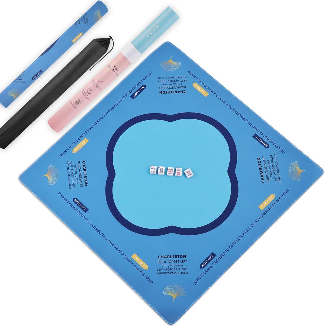 Mahjong Mat & Mah Jongg Mat for Table - Waterproof & Silent, 3mm Thick Non-Slip Game Pad with Unique Designs, Carry Bag & Gift Tube - Premium Mahjongg Accessories (31.5" x 31.5",Blue)