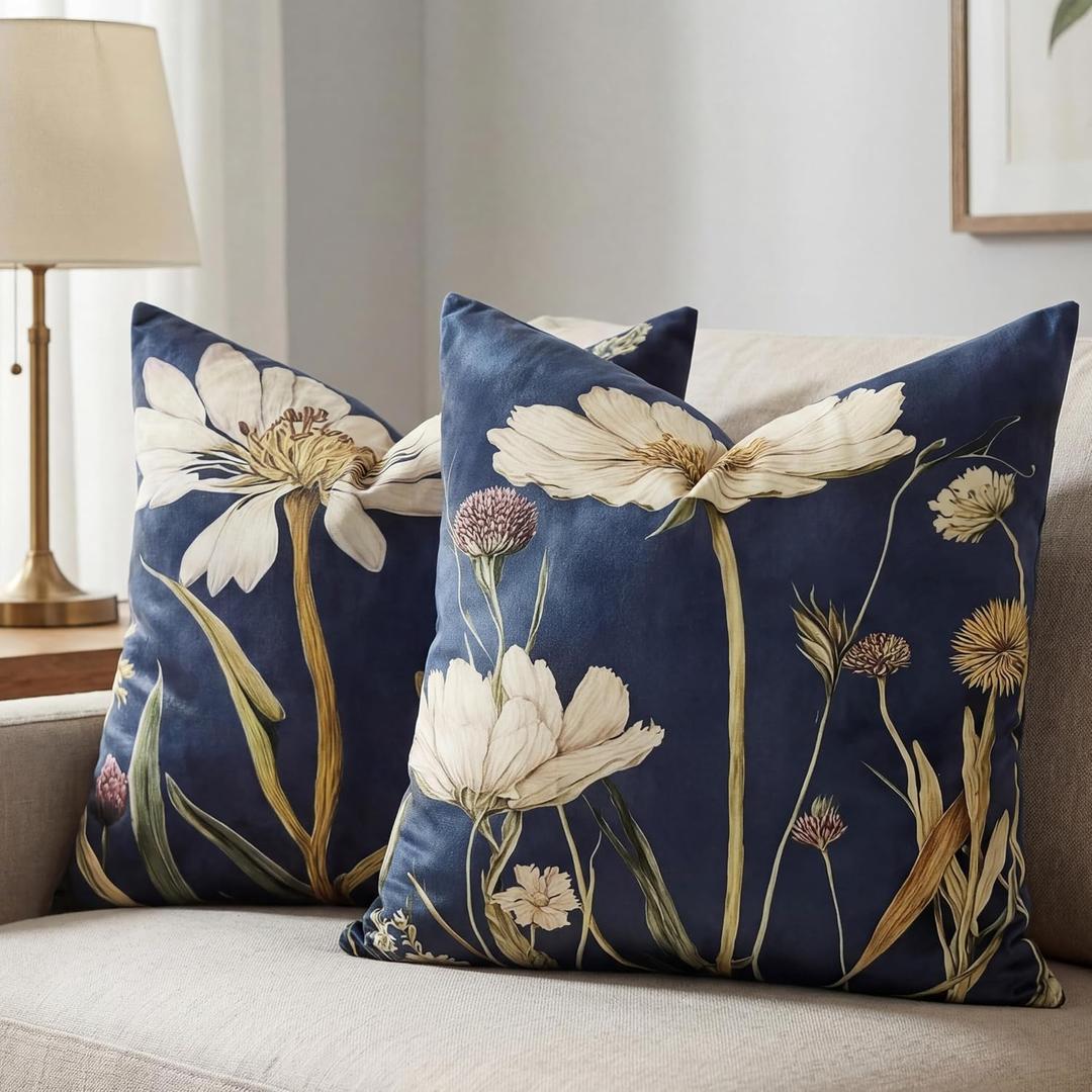 Decorative Velvet Throw Pillow Covers 18x18 Set of 2, Double-Sided Navy Blue Vintage Wildflower Print, Soft Plush Accent Pillows for Modern Farmhouse Couch Sofa Bed Living Room