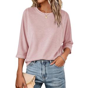 Fanway&EC Women's Casual Summer Tops 3/4 Sleeve Crew Neck T Shirts Loose Fit Tunic Blouses Tee (Pink, XL)
