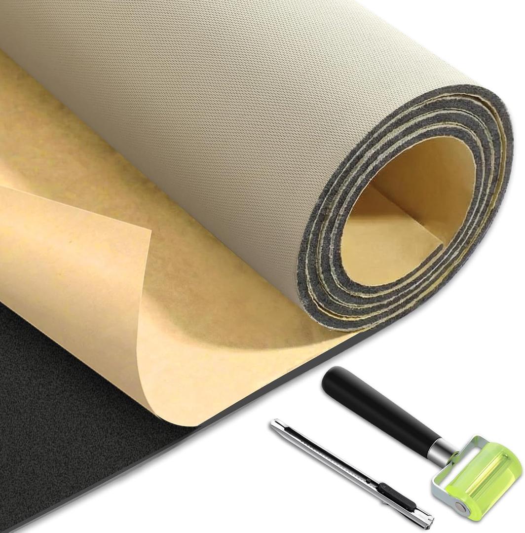 Self-Adhesive Auto Headliner Fabric 36 x 60 Inch Mesh Headliner Replacement with Foam Backing Auto Roof Replacement Material with Roller and Knife for Car Truck SUV Rv Roof DIY(Beige)