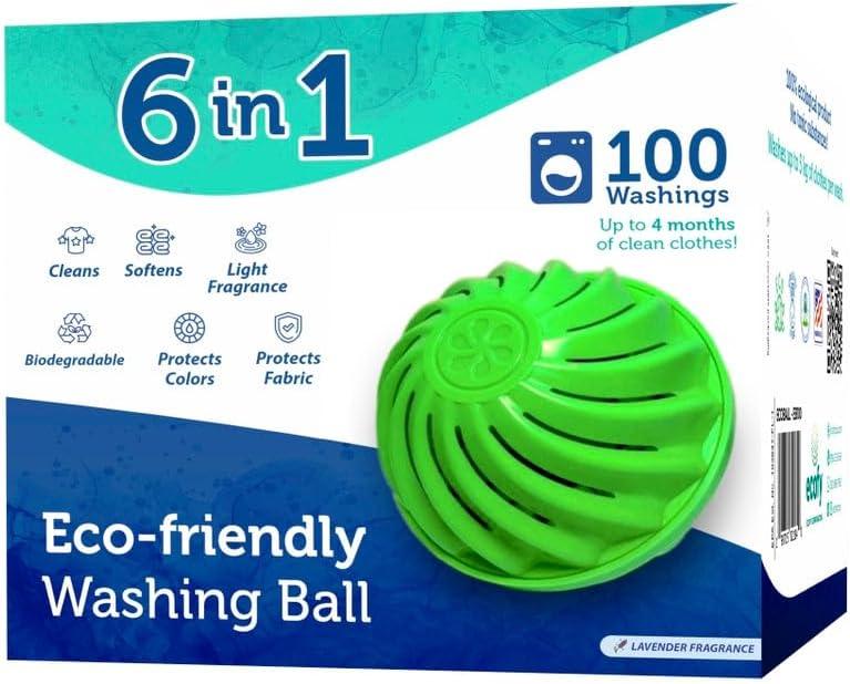 Eco-Friendly Laundry Ball - 100 Washes, 6-in-1 Detergent Alternative - Hypoallergenic, Protects Fabrics & Colors - Includes 2 Refills, Safe for Sensitive Skin & Babies - Economical & Chlorine-Free