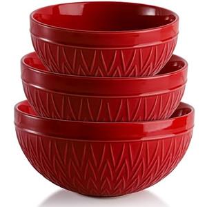 AVLA Porcelain Mixing Bowls for Kitchen, 3/1.8/1.2 Qt Ceramic Large Serving Salad Soup Bowl Set, Deep Nesting Bowl for Space Saving, 3-Piece Set, Microwave and Dishwasher Safe, Red
