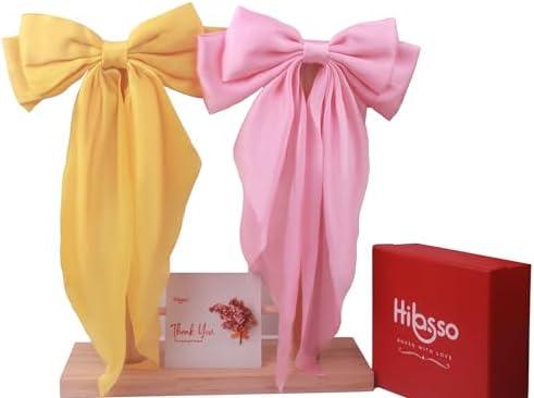 Pack Of 3 HIBASSO Hair Bows - Elegant Satin Pink and Yellow Bow Set, 2pcs Hair Bows for Women and Girls, Stylish Pink Bow and Girls Hair Bows, Perfectly Packaged Hair Bow Gift Set